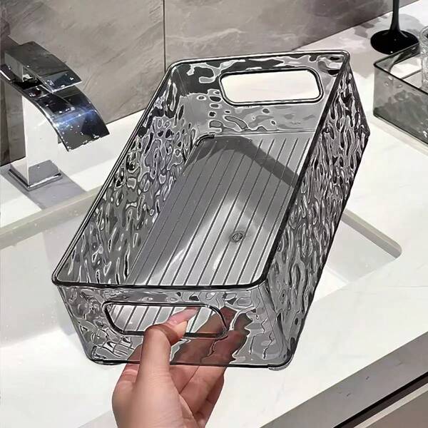 Glacier Texture Cosmetic Storage Box, Lightweight Luxury Highly Attractive Bathroom Countertop Organizer Box, Plastic With Handle, Dorm Room/Bedroom Desktop Storage Basket, Water Wave Acrylic Display Holder For Cosmetics, Snacks, Sundries, Home