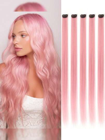5pcs Set Colorful Clip In Synthetic Hair Extension Long Straight  For Women Girls With Cosplay