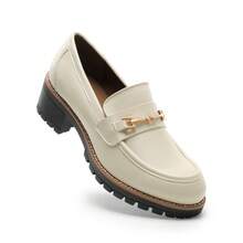 Women Flats Thick Sole Loafers Slip-On Round Toe British Style Casual Loafers For Daily Street, Commuting, Retro Chunky Shoes - Màu be - Xem 6