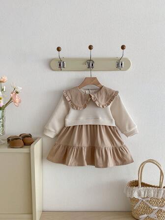 1 件女婴复古休闲学院风华夫格拼布撞色宽松长袖连衣裙，春秋