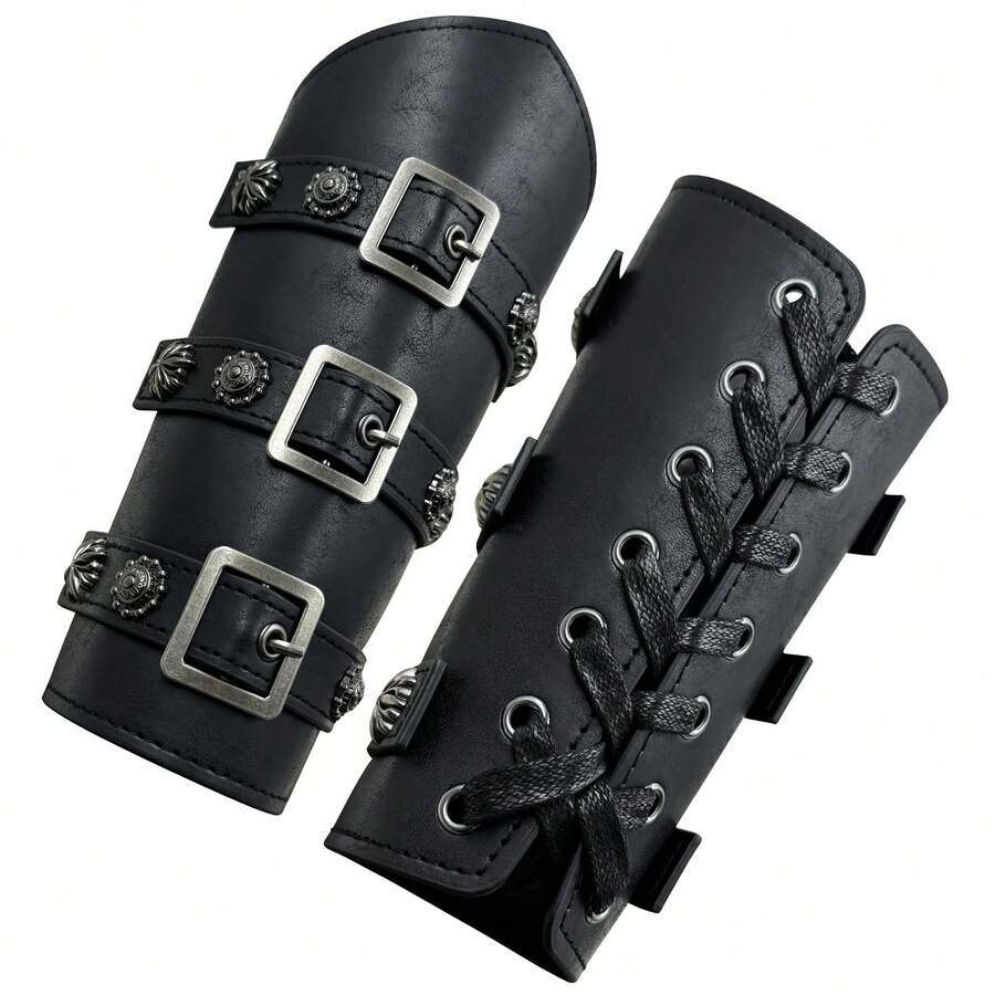 Two-Piece Handmade Halloween European Medieval Retro Knight Wristband COSPLAY Stage Costume Props - Black - View 1