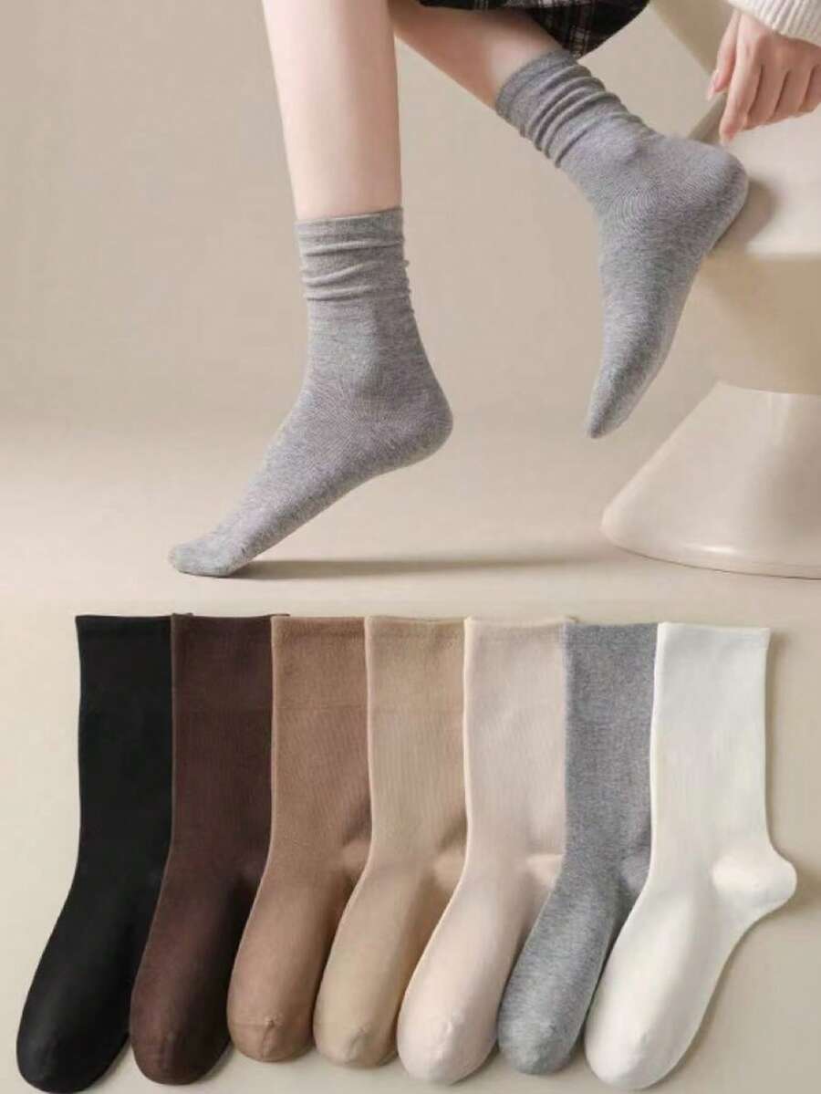 4双装女士无缝棉混纺弹力中筒袜，休闲日常穿着，春秋季 - 彩色 - 查看 1
