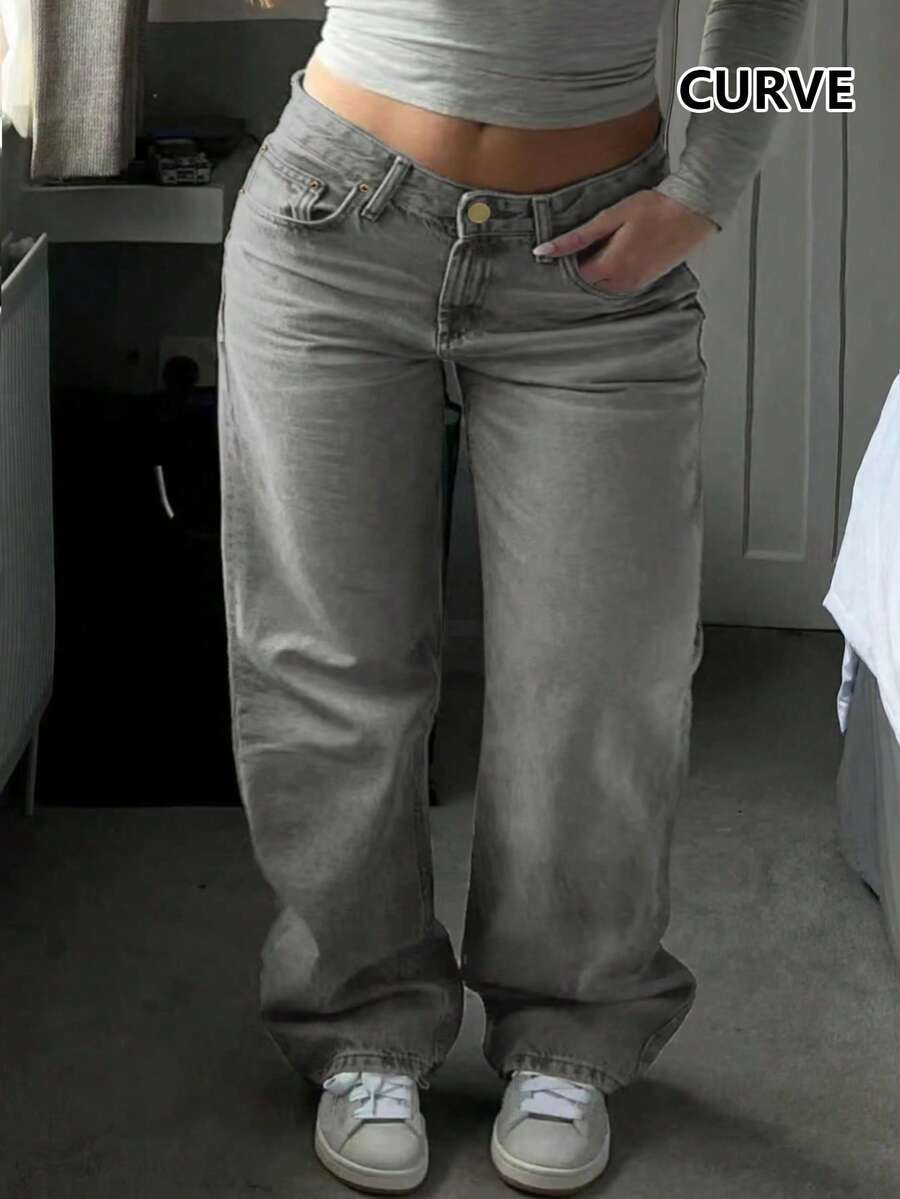 Pantalones rectos básicos casuales para mujeres de talla grande, ideales para el uso diario en primavera - Gris Claro - Ver 1