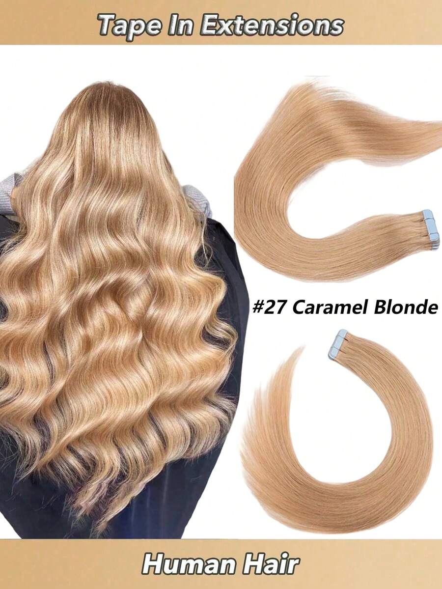 Jessie's Selection 20pcs/Pack 50g Tape In Hair Extensions Skin Weft Remy Silky Straight Seamless Invisible Tape Adhensive Human Hair Extensions For Volume Add Length Luxury Quality Affordable Cost Salon Quality, Perfect For Graduation, Anniversary, And Holiday Hairstyles, Holds Up Well (#27 Honey Caramel Blonde) - S27 - 查看 1