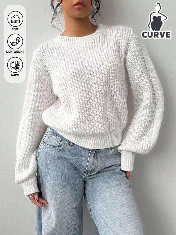 Suéter de punto de manga larga con cuello redondo de unicolor casual para mujer de talla grande, otoño/invierno, aislamiento elegante, tops para la escuela, Día de San Valentín, fiesta de Navidad