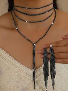 Women's Long Multilayer Necklace & Earrings Set, Geometric Pattern, Elegant For Party, Bride, Wedding Season