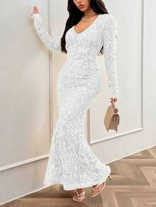 魅力优雅性感假日约会极简派对长袖蕾丝边V领紧身连衣裙 - 白色 - 查看 10
