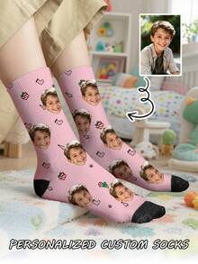 1 Pair Of Christmas Design Customized Face Boy's Front Printed Mid Tube Socks, Couple Socks, Personalized Photo Matching, Funny Couple Socks, Comfortable And Breathable, Creative Cartoon Design, Perfect Holiday, Birthday, Valentine's Day Gifts, Funny, Crazy, Anime, Multi-Color Socks - Multicolor - View 12
