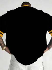 加大码男士休闲运动圆领T恤，涤纶针织面料，舒适透气，百搭日常穿着，褪色字母和动物印花图案，新颖休闲运动服 - 黑色 - 查看 2