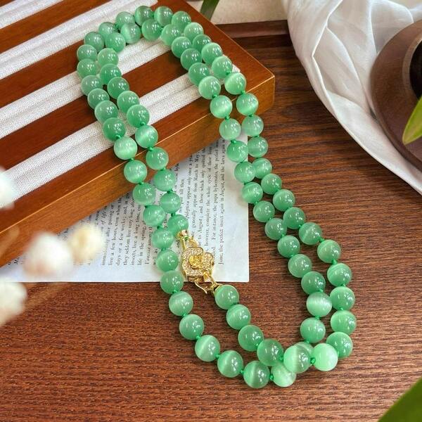 10mm Cat Eye Stone Knotted Long Necklace, Fashionable & Elegant For Women's Daily And Evening Wear