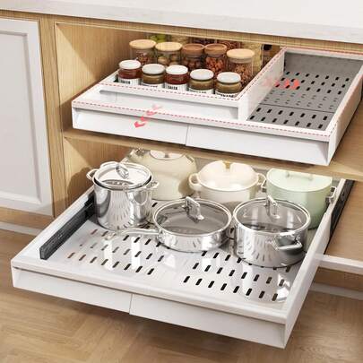Pull Out Cabinet Organizer Expandable Width (13"-21") Depth (17"-24"), With 3 Rails Adjustable Slide, Pullout Drawers For Cabinets, No Drill Adhesive Kitchen Drawers For Pantry Shelves