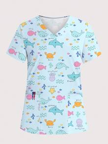 Women's Ocean & Heart Print V-Neck Multi-Pocket Scrubs Nurse Scrubs Workwear Dentist Healthcare Pet Hospital Laboratory Uniform Top