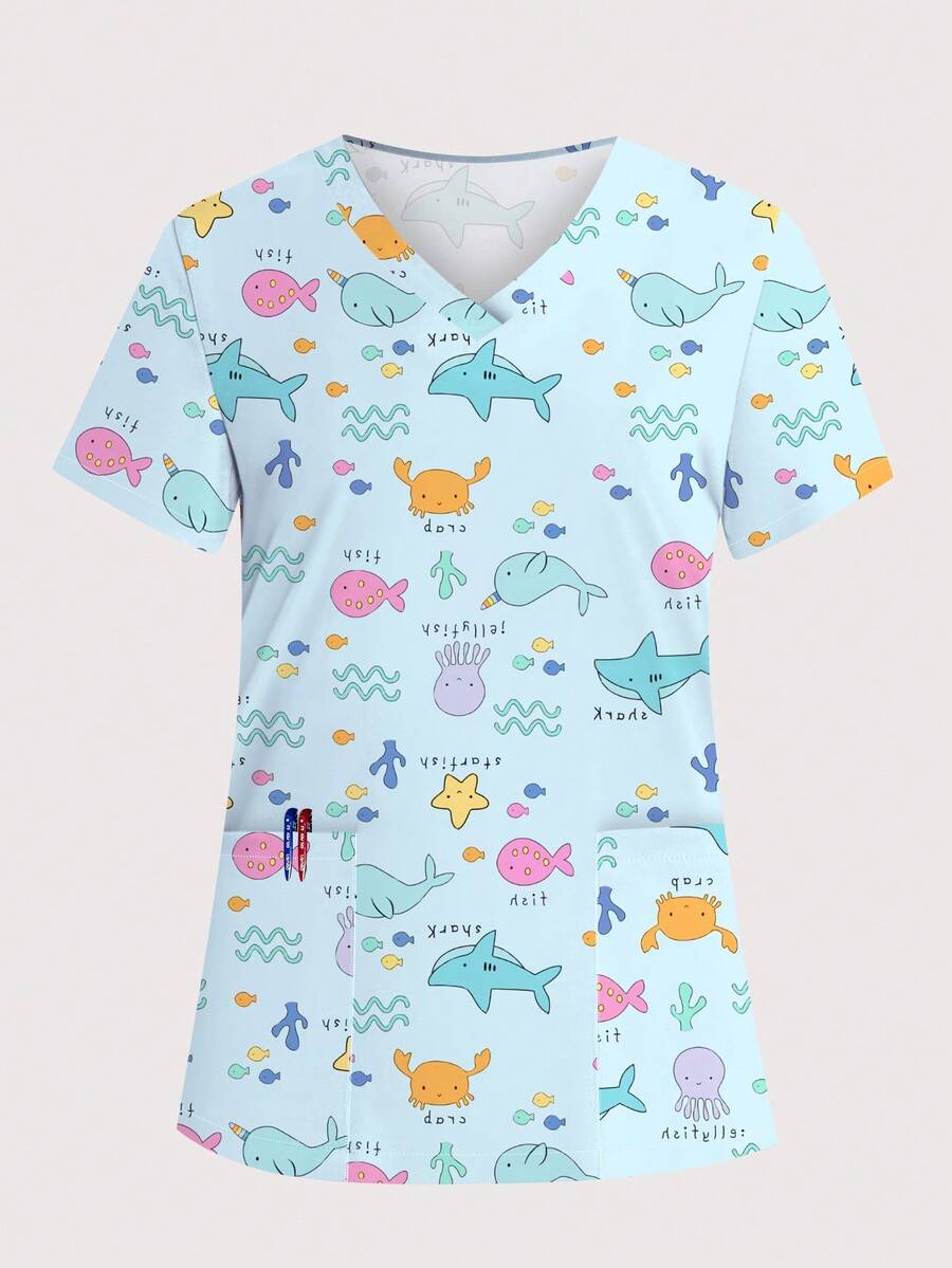 Women's Ocean & Heart Print V-Neck Multi-Pocket Scrubs Nurse Scrubs Workwear Dentist Healthcare Pet Hospital Laboratory Uniform Top