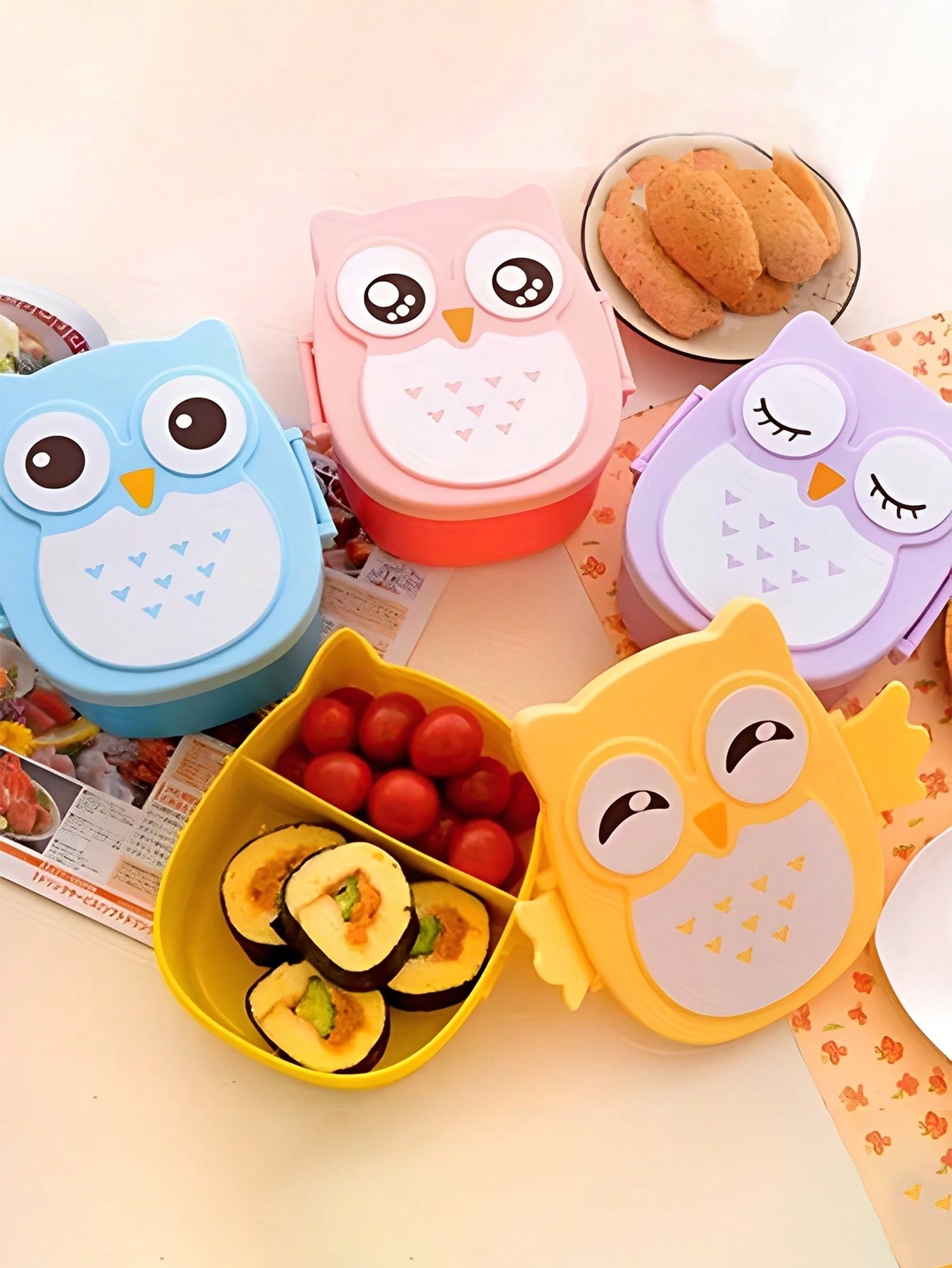 صندوق غداء محمول مزين بتصميم بومة كرتونية، مصنوع م...