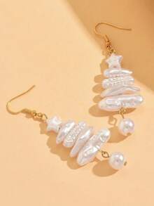 两件套优雅珍珠圣诞树和星星造型耳环，巴洛克珍珠风格，适合各种场合，完美的节日礼物 - 白色 - 查看 4