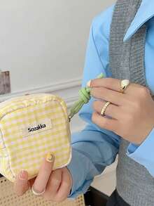 1 pieza Bolsa de cosméticos mini a cuadros de color caramelo para almacenamiento de toallas sanitarias, billetera, bolsa de aseo, bolsa de viaje de gran capacidad para maquillaje para mujeres