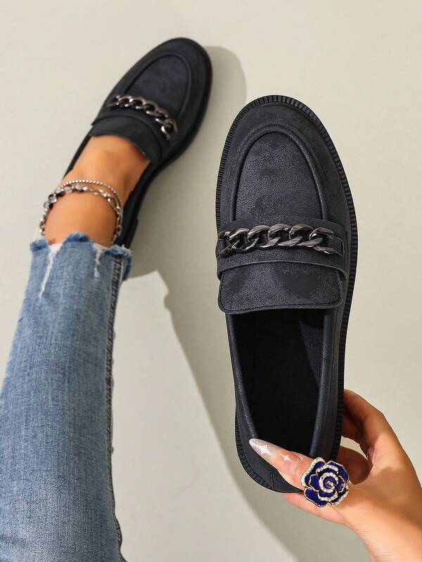 Women's Chain Decor Thick Sole Slip-On Casual Loafers, Black Leather Shoes For Daily Wear, Elegant Flats