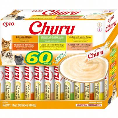  INABA Churu Box - Premios para Gatos - Snacks Saludables a Base de Atún, Varios Sabores - Textura Cremosa - Sin Cereales, Conservantes, Colorantes - 60x14g
