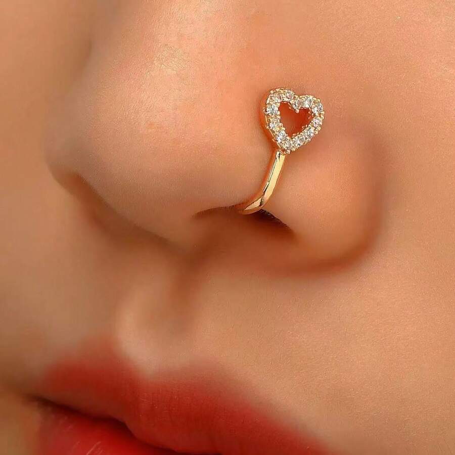 U-Shaped Micro-Inlaid Rhinestone Hollow Heart Nose Ring, 18K Gold Plated Clip-On Nose Stud
