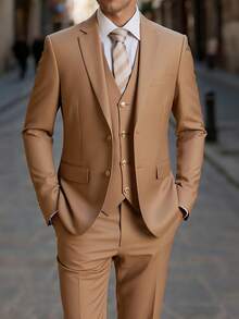 Men's 3 - Piece Suit Set, Formal Slim - Fit Blazer Vest Pants For Wedding/Business - 駝色 - 查看 1