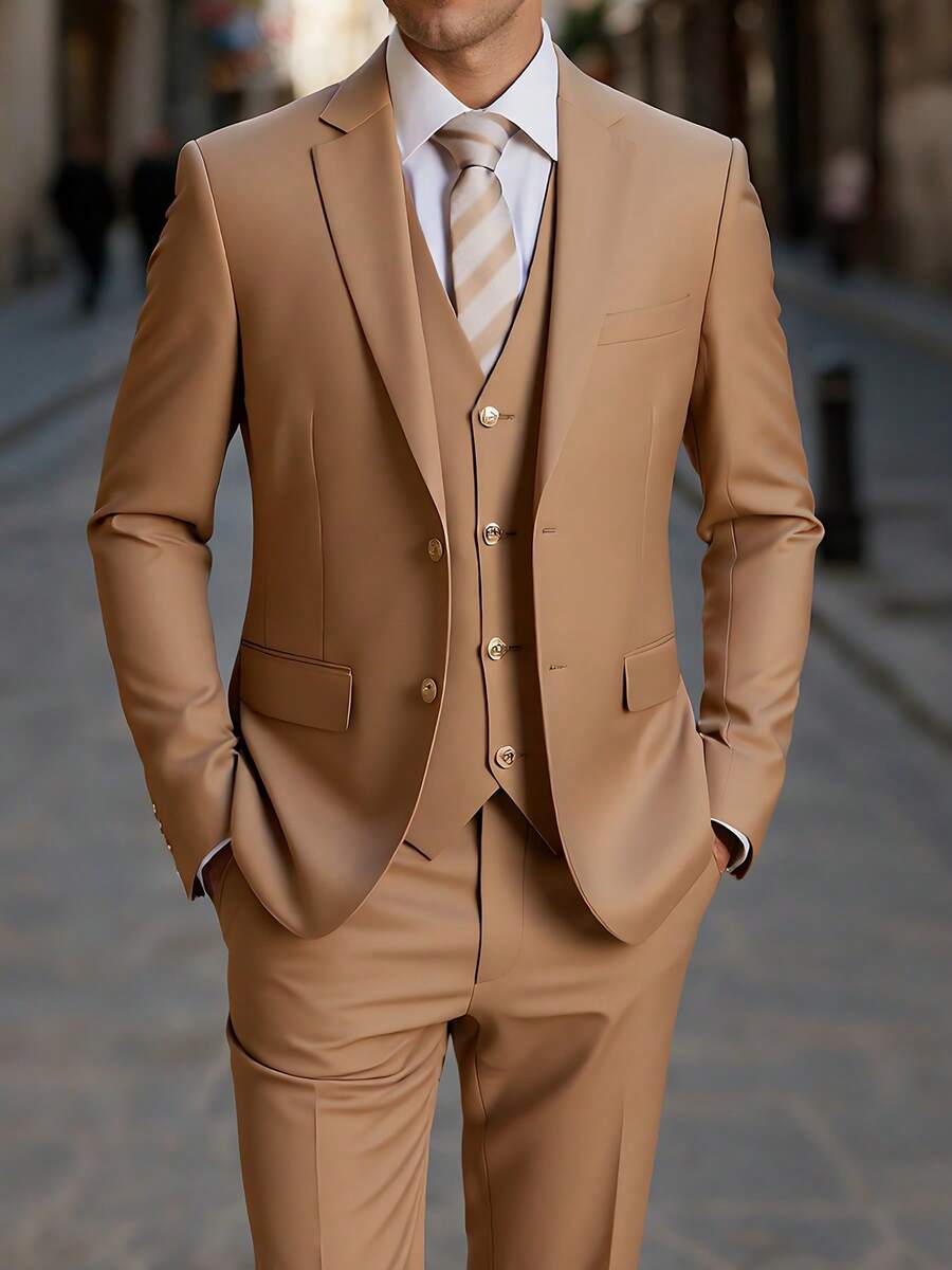Men's 3 - Piece Suit Set, Formal Slim - Fit Blazer Vest Pants For Wedding/Business - 駝色 - 查看 1