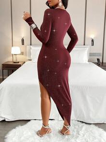 AIJ Women's Sexy Side Twist Deep V- Neck Long Sleeves High Slit Bodycon Midi Dress With Glitter Detail For Dating, Formal Dinner ,Dates, Gatherings, Birthdays, Parties,Christmas,Valentines Day