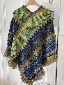 1件人字纹流苏披肩，斗篷披肩，时尚百搭的旅行斗篷，保暖围巾披肩，可搭配连衣裙 - 人字紋流蘇披肩 - 查看 7