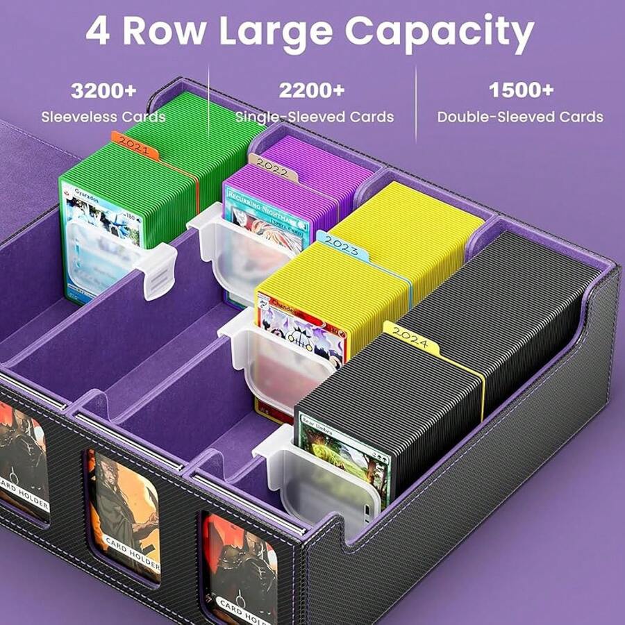 Caja de Cartas MTG Con Ventanas de Exhibición, MTG Deck Box con Capacidad para Más de 3200 Tarjetas, Con 24 Divisores de Colores, 4 Particiones Móviles Para Cartas de Juegos Mágicos(Negro&Púrpura) - Negro y Púrpura - Ver 1