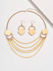 1 套全新创意合金几何方形扁平蛇形链多层流苏项链和耳环首饰套装女士 - 金黃色 - 查看 3