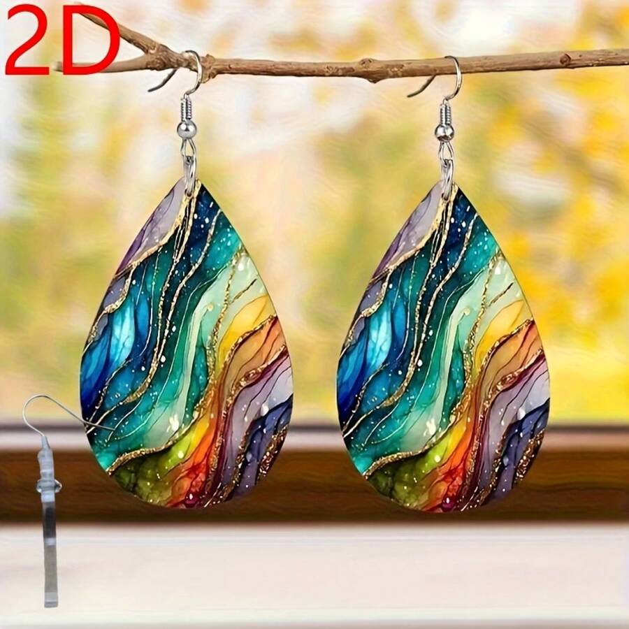 2D Exquisite Fun High-End Cute Luxurious Elegant Vibrant Colorful Flowing Gradient Marble Pattern Acrylic Pendant Women's Earrings Design Exquisite Personality Fashion, Halloween Valentine's Day Anniversary Birthday, Enhancing Charm Daily Banquet Party Holiday Versatile Earrings Qing An Jing Directional