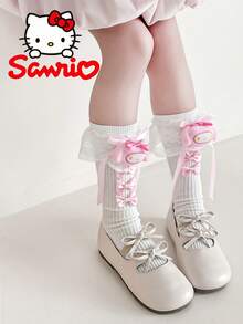 Sanrio 1 Peça Meias Longas Fofas da Sanrio com Kitty & Melody, Design de Bordado de Gato Rosa e Laço, Sola Grossa Adequada para Todas as Estações, Meias Kawaii Adequadas para Meninas, Acessório Combinando com Personagens da Sanrio, Moda e Diversão, Tecido Macio, Imperdível para Fãs de Anime