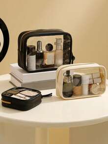 Geantă cosmetică mică transparentă pentru poșetă, geantă de machiaj mini transparentă pentru școală, geantă de machiaj transparentă drăguță pentru călătorie, geantă mică din piele albă pentru machiaj, geantă de toaletă, geantă pătrată impermeabilă cu fermoar, penar, geantă de ruj, geantă de machiaj, potrivită pentru studenți și uz zilnic, cadouri pentru prieteni și iubite.