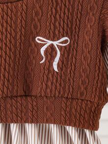 少女校服蝴蝶结刺绣针织背心+条纹长袖翻领衬衫裙两件套 - 棕色 - 查看 6