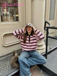 HoloChill 圣诞风女士年轻时尚达人休闲撞色条纹圆领套头针织毛衣，2025秋冬款，新年