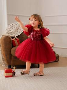 Baby Mädchen 0-4 Jahre rotes Puffärmel Pailletten Tüll elegantes goldenes Kleid, Prinzessinnenkleid geeignet für 1-jährige Geburtstagsparty, Bankett, Hochzeit Blumenmädchenkleid - Bordeaux - Übersicht 7