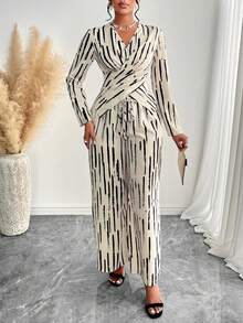 Women's Casual & Commute Artistic Stripe Print Criss Cross Wrap Shirt & Wide-Leg Pant Two Pieces Suit For Office Look