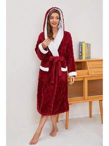HEARTNICE Plush Long Hooded Robes Women, Soft Fluffy Womens Fleece Robe Thicker Warm Bathrobes - Burgundy - View 5