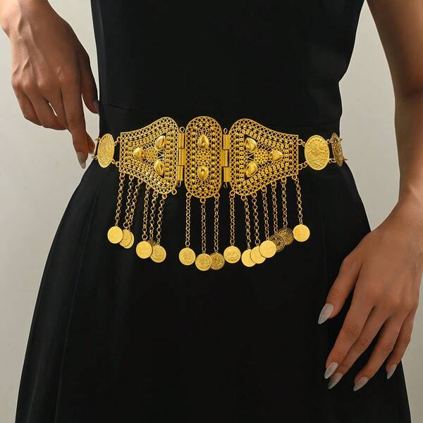 1pc Vintage Palace Style Hollow Carved Round Pendant Tassel Design Metal Plated Gold Waist Belt, Suitable For Party, Wedding, Banquet Accessories