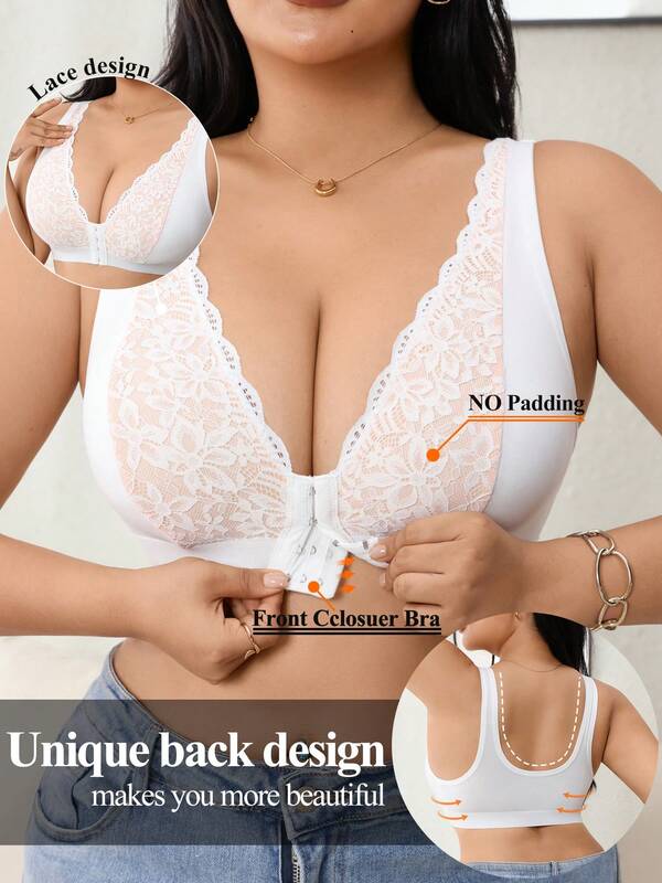 1pc Plus Size Sexy Lace Trim V-Neck Front Closure Wireless Everyday Bra For Women