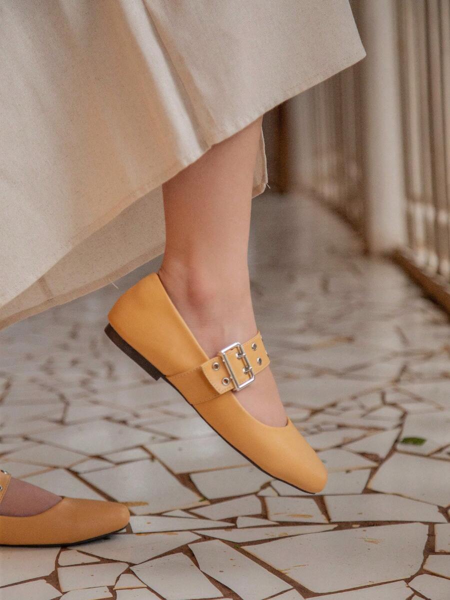 Women's Doll Shoes With Square Toe Eyelets - 桃 - 查看 1
