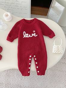 Baby GirlRound Neck Pullover Sweater Romper, Autumn, Baby Girl Letter Embroidered Knit Sweater Romper, Stylish & Cute