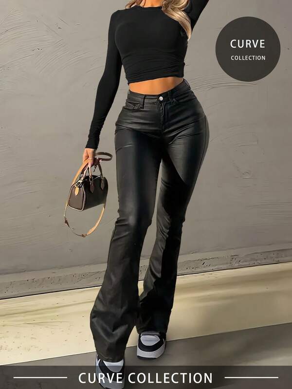 Spodnie Bootcut ze sztucznej skóry dla kobiet, wyszczuplające, wydłużające sylwetkę w dużych rozmiarach, odpowiednie na wiosnę i lato
