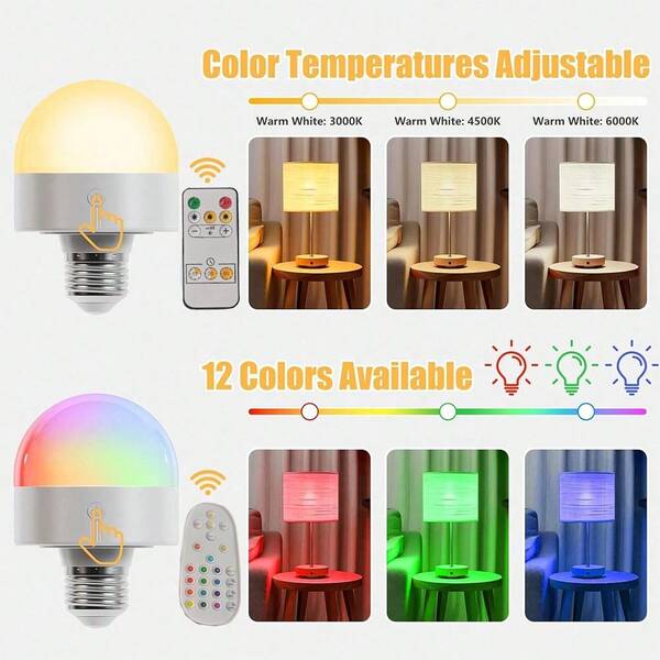 2pcs Smart Rechargeable Magnetic LED Bulbs - RGB & 3-Color Ambient Light With Remote, Perfect For Bedroom, Living Room, Party & Home Decoration