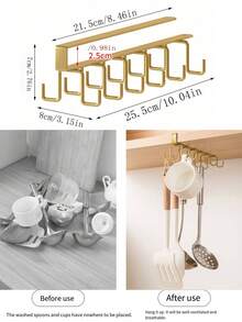 1 pieza Estante de almacenamiento de tazas con ganchos, puede almacenar 6/3 tazas con 12/6 ganchos, estante de almacenamiento montado en la pared con pegatinas auxiliares, soporte de almacenamiento para gabinete de cocina, accesorio de almacenamiento ahorrador de espacio, espátula, paño, taza, batidor de huevos, organizador de espacio, regalo