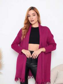 Women's Knitted Cardigan With Fringes - Long Sleeve Casual Chic Style - Autumn | Winter Coat - 藏蓝色 - 查看 6