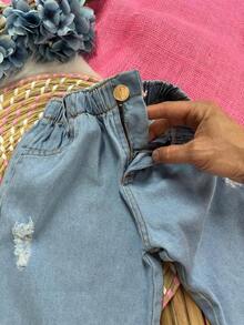 CALÇA JEANS MOM MENINA INFANTIL/MODA BLOGUEIRINHA/MODA MODERNA/CASUAL DIÁRIO/CASUAL URBANO/COM CINTURA ELÁSTICA/ - Multicolorido - Visão 4