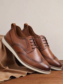 Men's Casual Lace-Up Brogue Style Formal Shoes, Lightweight Soft Sole, Suitable For Work And Daily Wear
