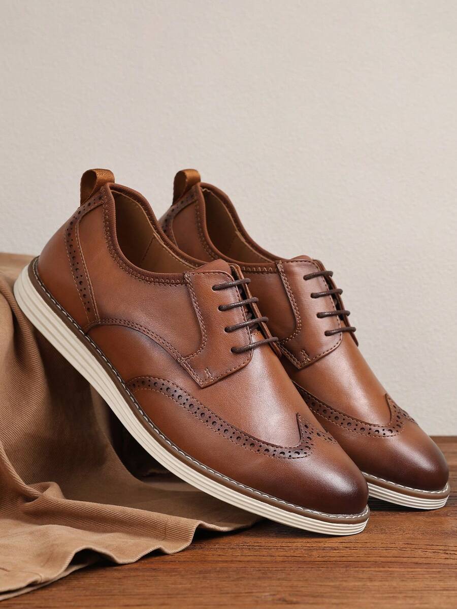 Men's Casual Lace-Up Brogue Style Formal Shoes, Lightweight Soft Sole, Suitable For Work And Daily Wear