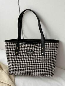 1 件大容量简约千鸟格铆钉装饰女士手提包 - 黑色 - 查看 1