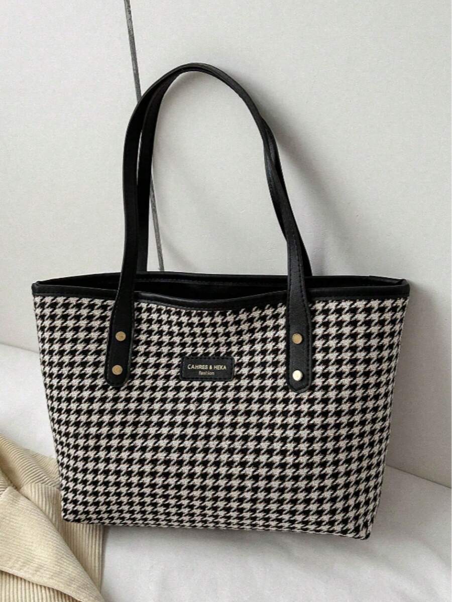 1 件大容量简约千鸟格铆钉装饰女士手提包 - 黑色 - 查看 1